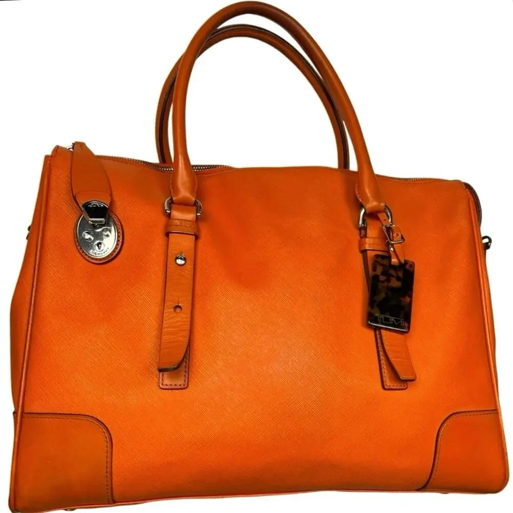VGUC – TUMI Voyageur Large Tangerine Textured Leather Briefcase 73126TNG